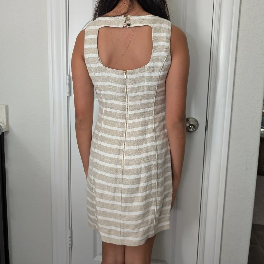 Banana Republic Neutral Stripe Linen Blend Sleeveless Summer Sheath Dress - Picture 5 of 10